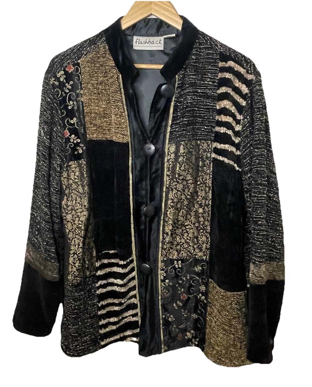 VTG Flashback Black Tan Metallic Textile Patchwork Jacket Relaxed Fit LRG Artsy